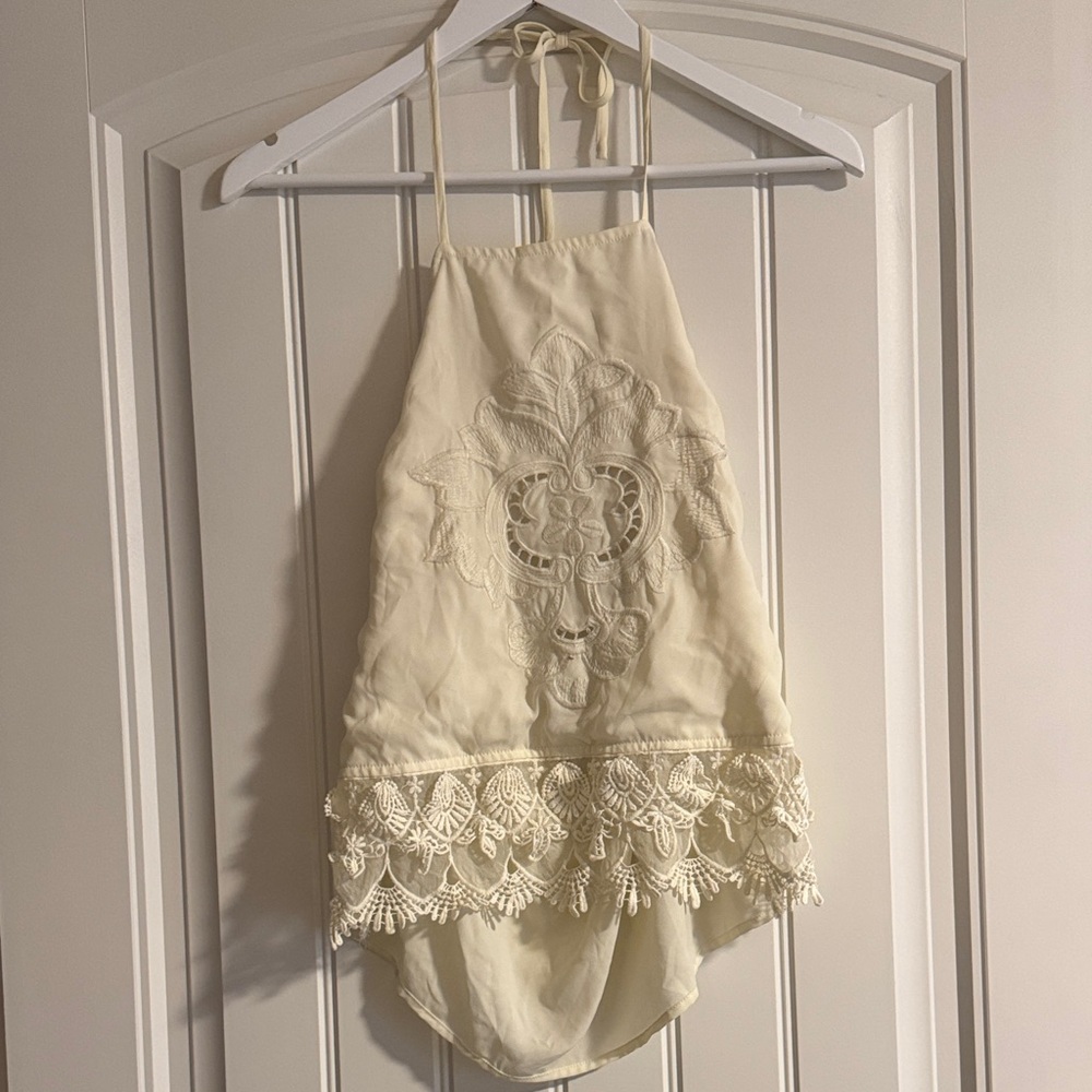 Cream Halter Top with Lace Detailing